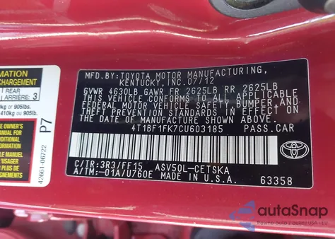 2012 Toyota Camry Se from USA, damaged, VIN 4T1BF1FK7CU603185